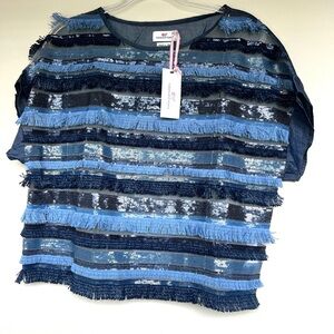 Vineyard Vines Blue Fringe Party Top Sequin  Size S